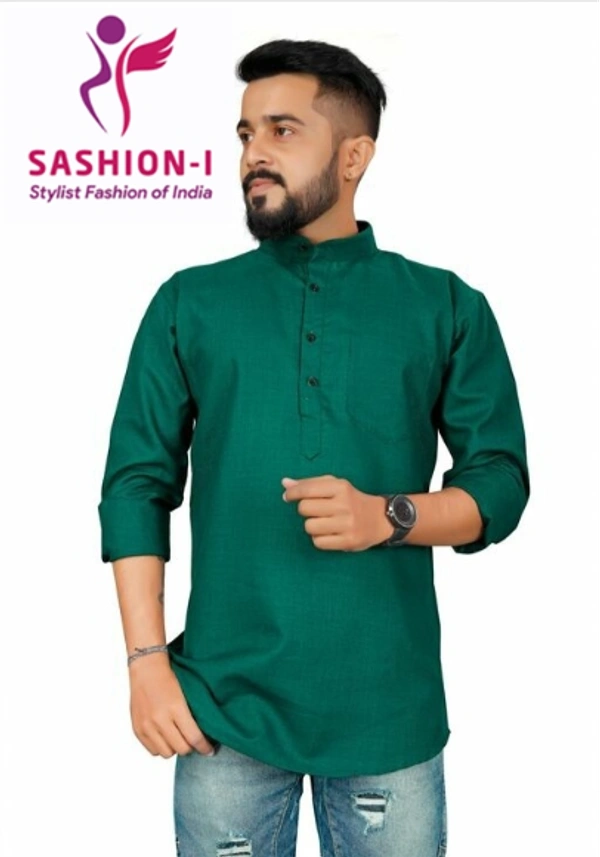 Men's Stylish Full Sleeve Short Kurta - Bottle Green